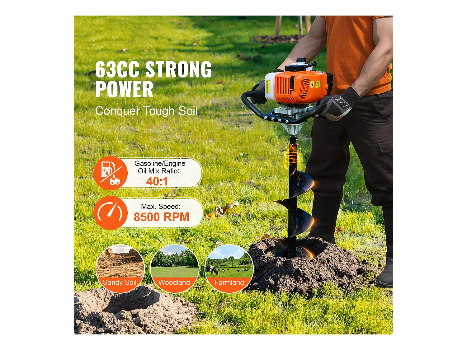 Tarière à Essence Thermique, SucceBuy Tarière à Gaz 63CC 2400W Forets 20.32 CM et Tige D'extension