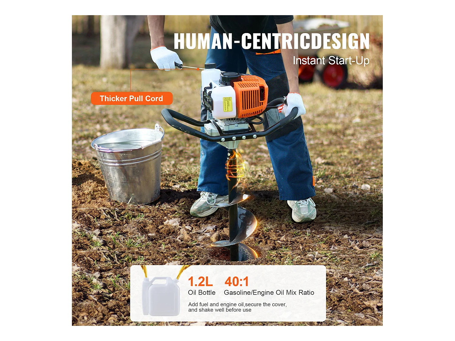 Tarière à Essence Thermique, SucceBuy Tarière à Gaz 63CC 2400W Forets 20.32 CM et Tige D'extension