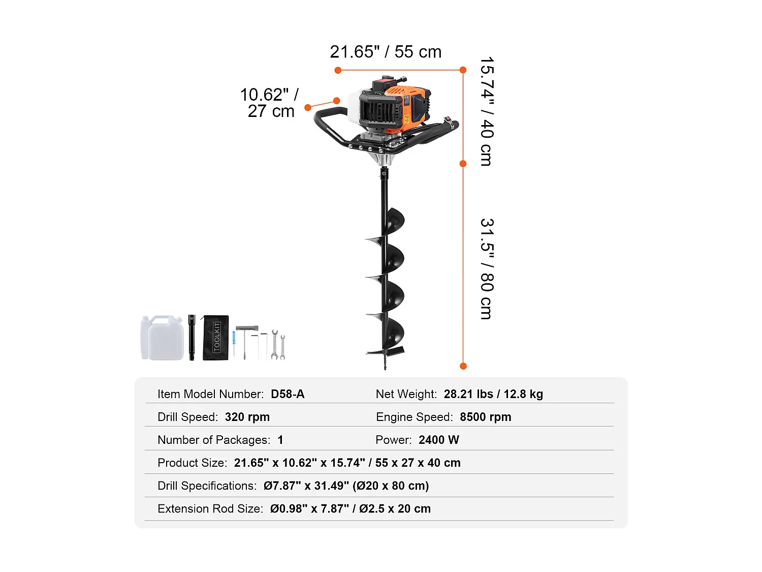Tarière à Essence Thermique, SucceBuy Tarière à Gaz 63CC 2400W Forets 20.32 CM et Tige D'extension