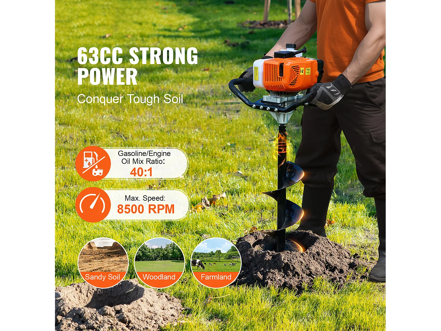 Tarière à Essence Thermique, SucceBuy Tarière à Gaz 63CC 2400W Forets 20.32 CM et Tige D'extension