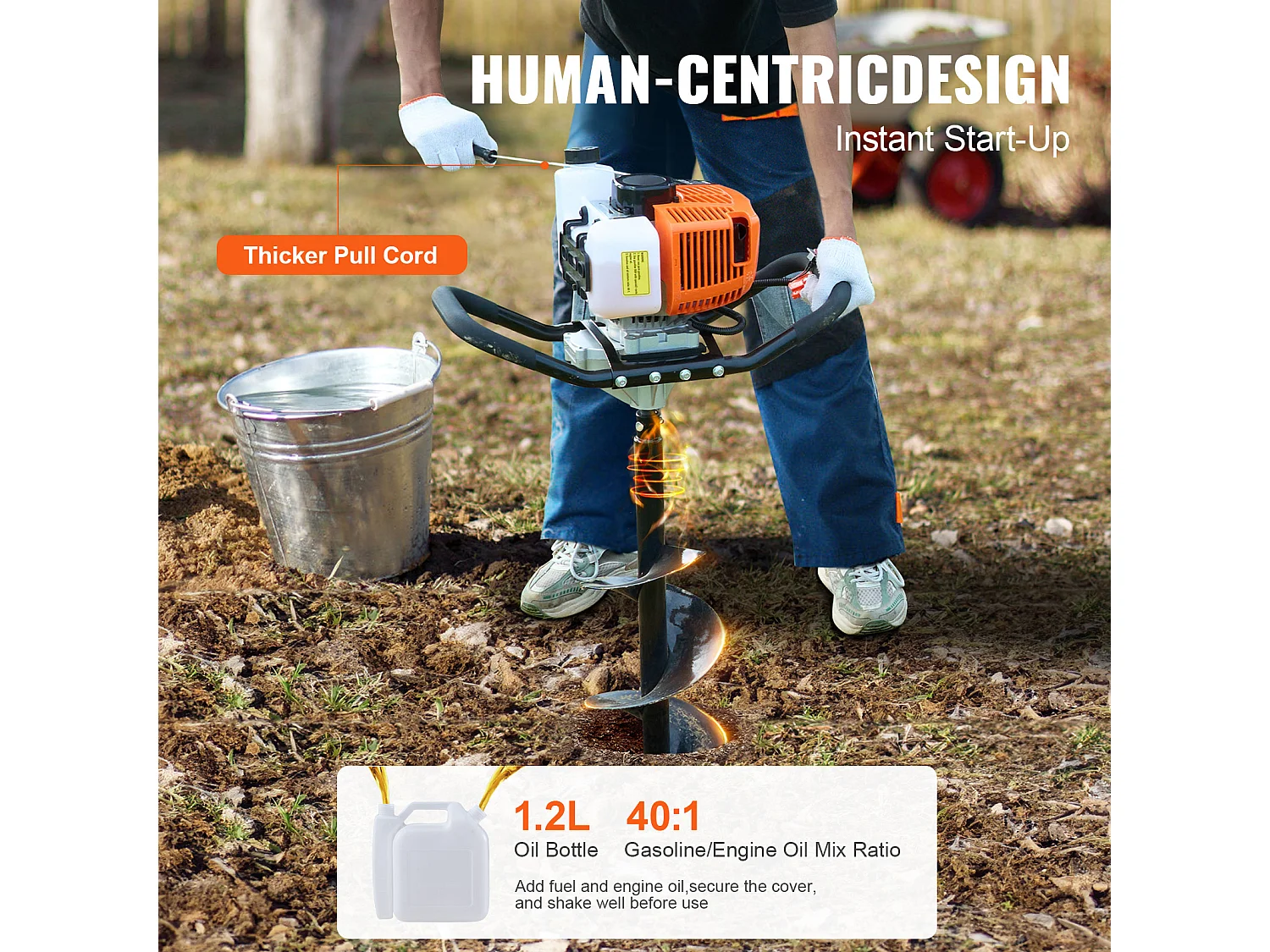 Tarière à Essence Thermique, SucceBuy Tarière à Gaz 63CC 2400W Forets 20.32 CM et Tige D'extension