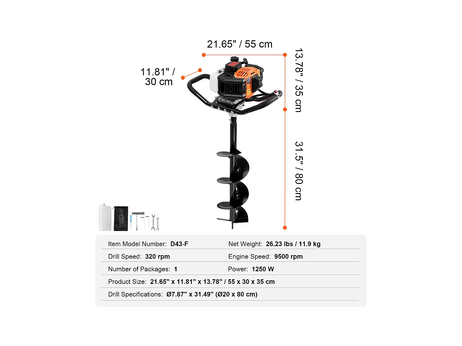 Tarière à Essence Thermique, SucceBuy Tarière à Gaz 43CC 1250W 20.32 CM Forets pour Jardin
