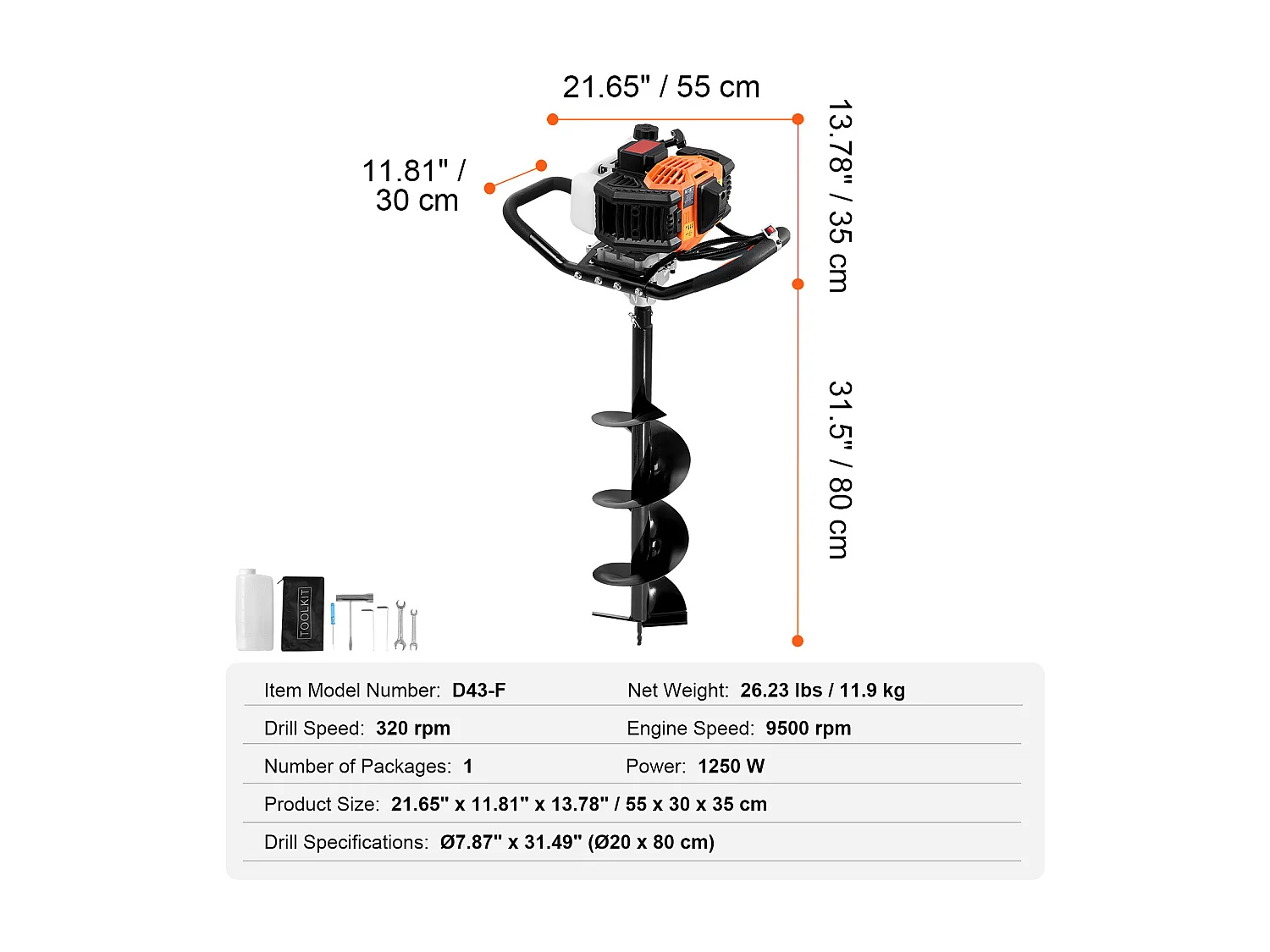 Tarière à Essence Thermique, SucceBuy Tarière à Gaz 43CC 1250W 20.32 CM Forets pour Jardin