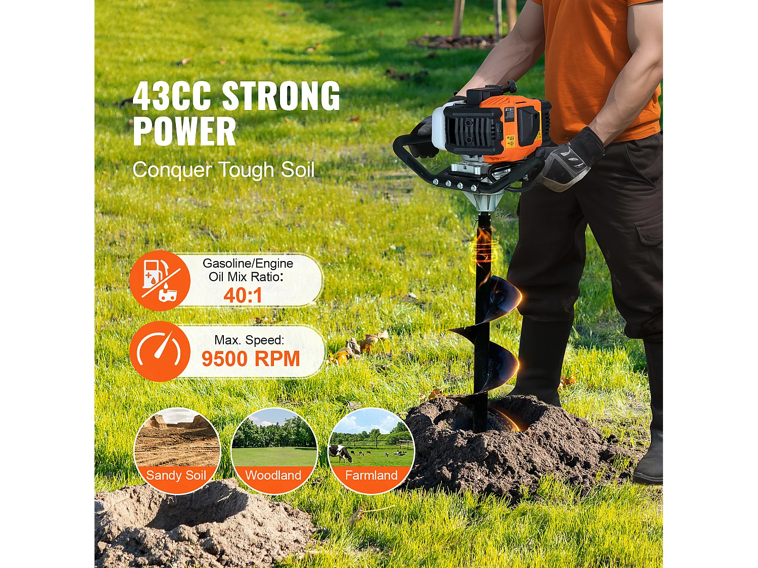 Tarière à Essence Thermique, SucceBuy Tarière à Gaz 43CC 1250W 20.32 CM Forets pour Jardin