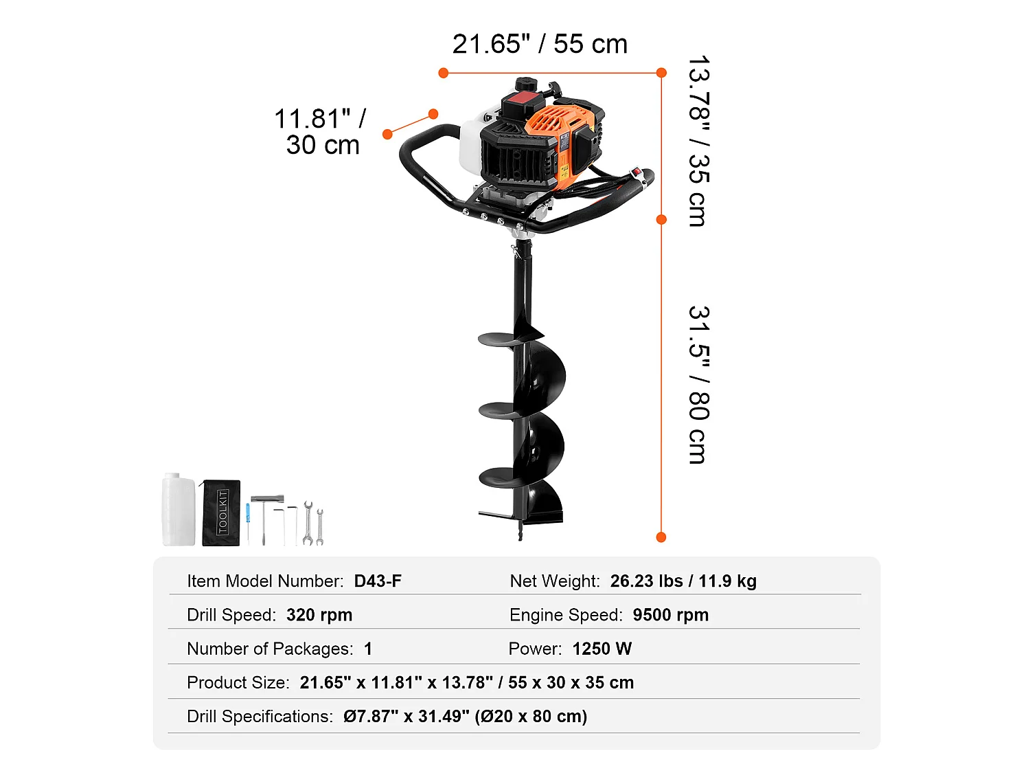 Tarière à Essence Thermique, SucceBuy Tarière à Gaz 43CC 1250W 20.32 CM Forets pour Jardin