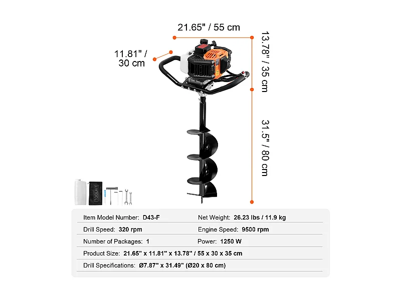 Tarière à Essence Thermique, SucceBuy Tarière à Gaz 43CC 1250W 20.32 CM Forets pour Jardin
