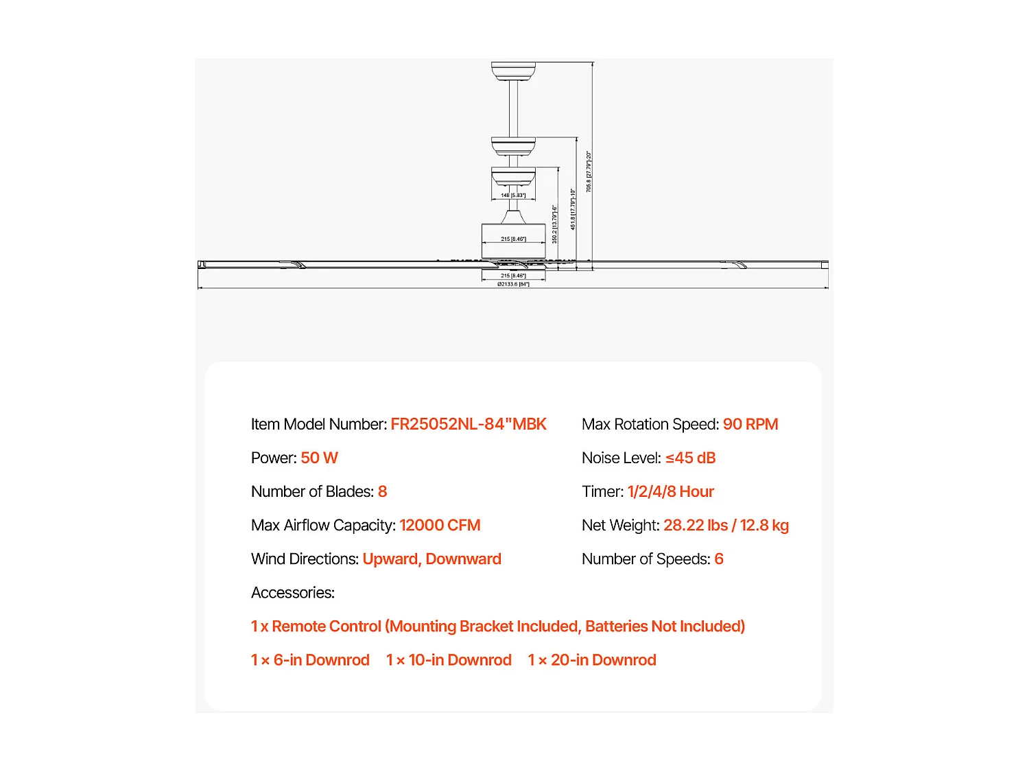 Ventilateur SucceBuy Ventilateur de Plafond 213 CM sans Lumière, Télécommande 6 Vitesses, 8 Pales en Aluminium, Ventilateur Extérieur Encastré Moderne