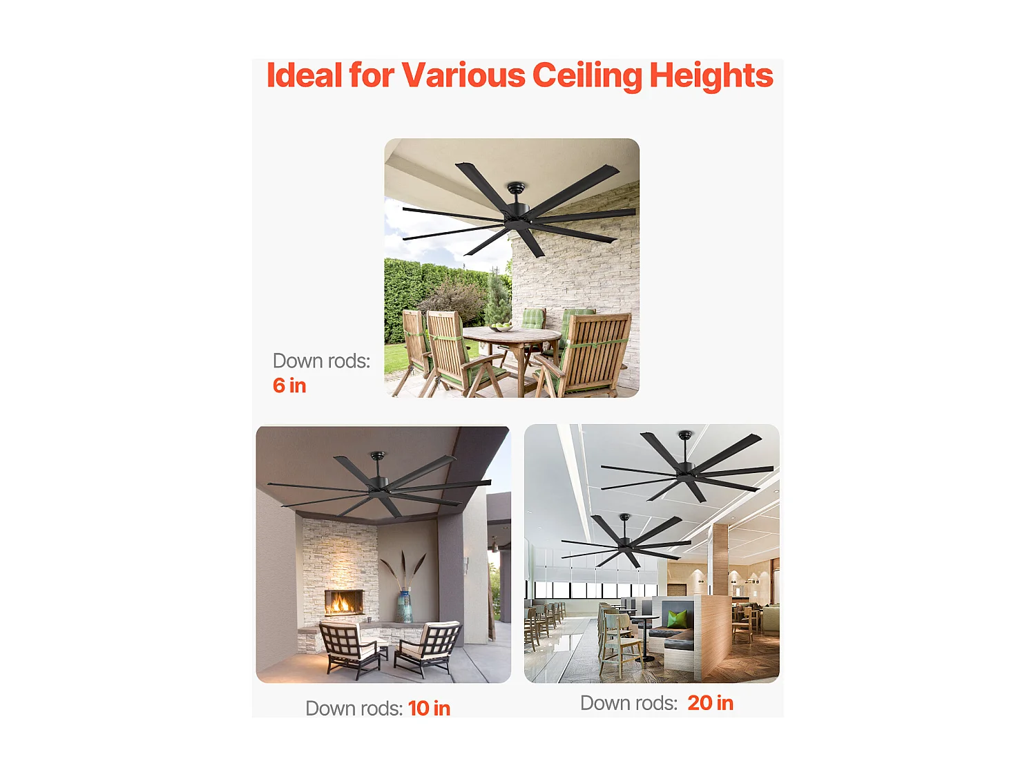 Ventilateur SucceBuy Ventilateur de Plafond 213 CM sans Lumière, Télécommande 6 Vitesses, 8 Pales en Aluminium, Ventilateur Extérieur Encastré Moderne