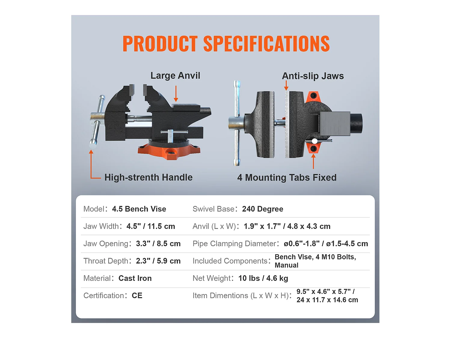 Étau d'Établi SucceBuy de 11.4cm avec Enclume, Base Pivotante à 240 °, Étau Polyvalent Robuste