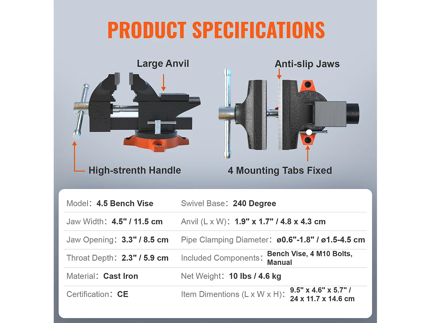 Étau d'Établi SucceBuy de 11.4cm avec Enclume, Base Pivotante à 240 °, Étau Polyvalent Robuste
