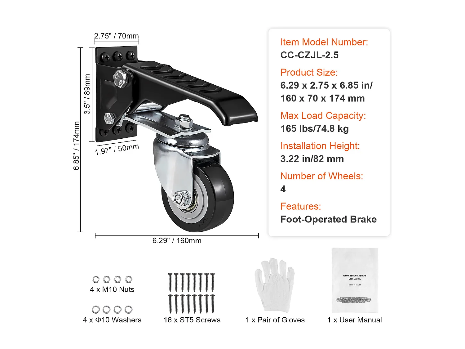 Ensemble de Roulettes pour Établi SucceBuy, Roues Rétractables Robustes, Charge de 165 lb, Lot de 4