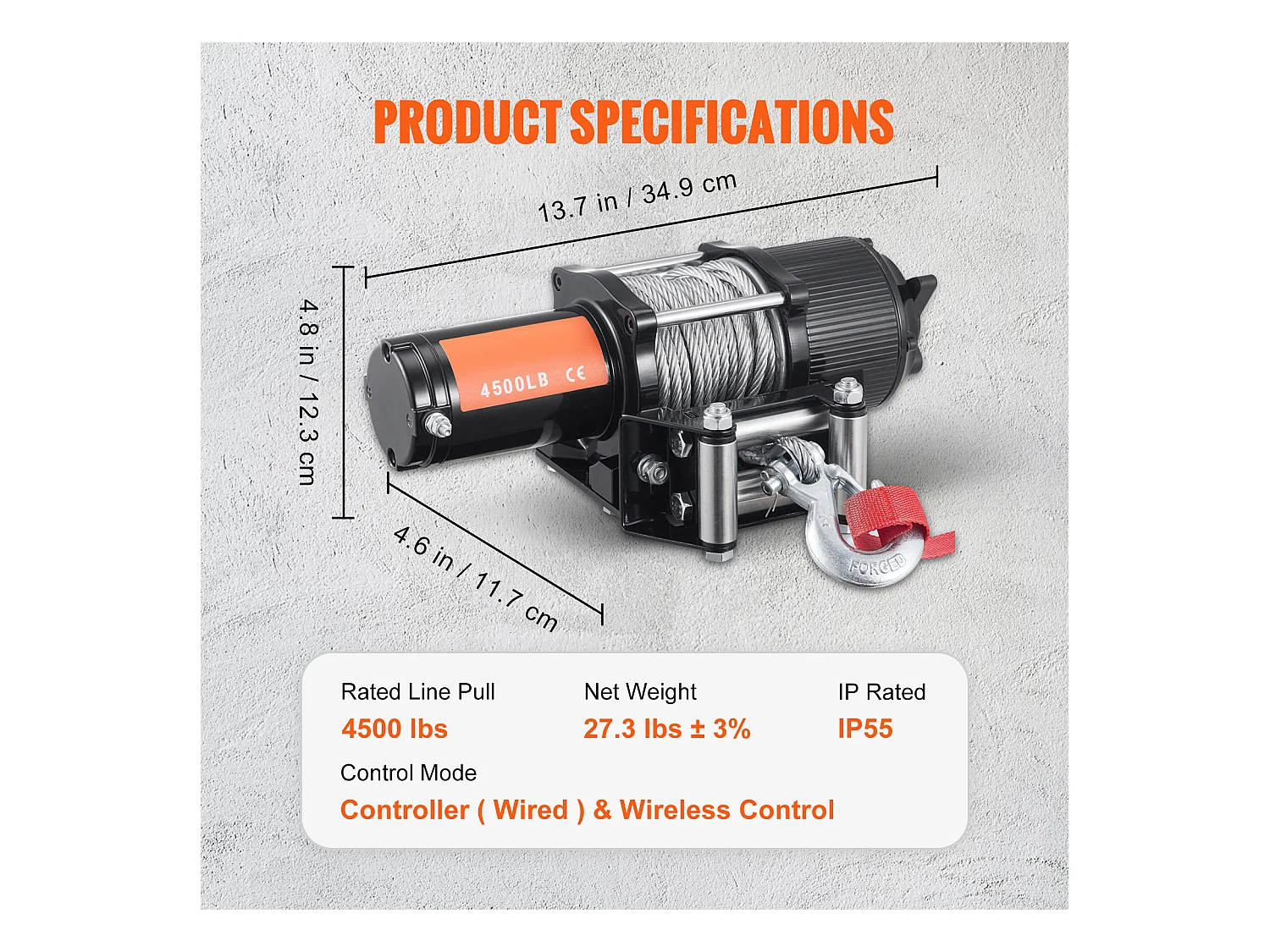 Treuil Électrique SucceBuy 12 V 4 500 lb avec Câble en Acier et Télécommande Portative IP55