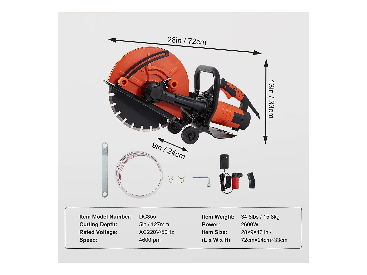Scie à Béton Électrique SucceBuy 35.5Cm, Humide/Sec, avec Pompe à Eau et Lame