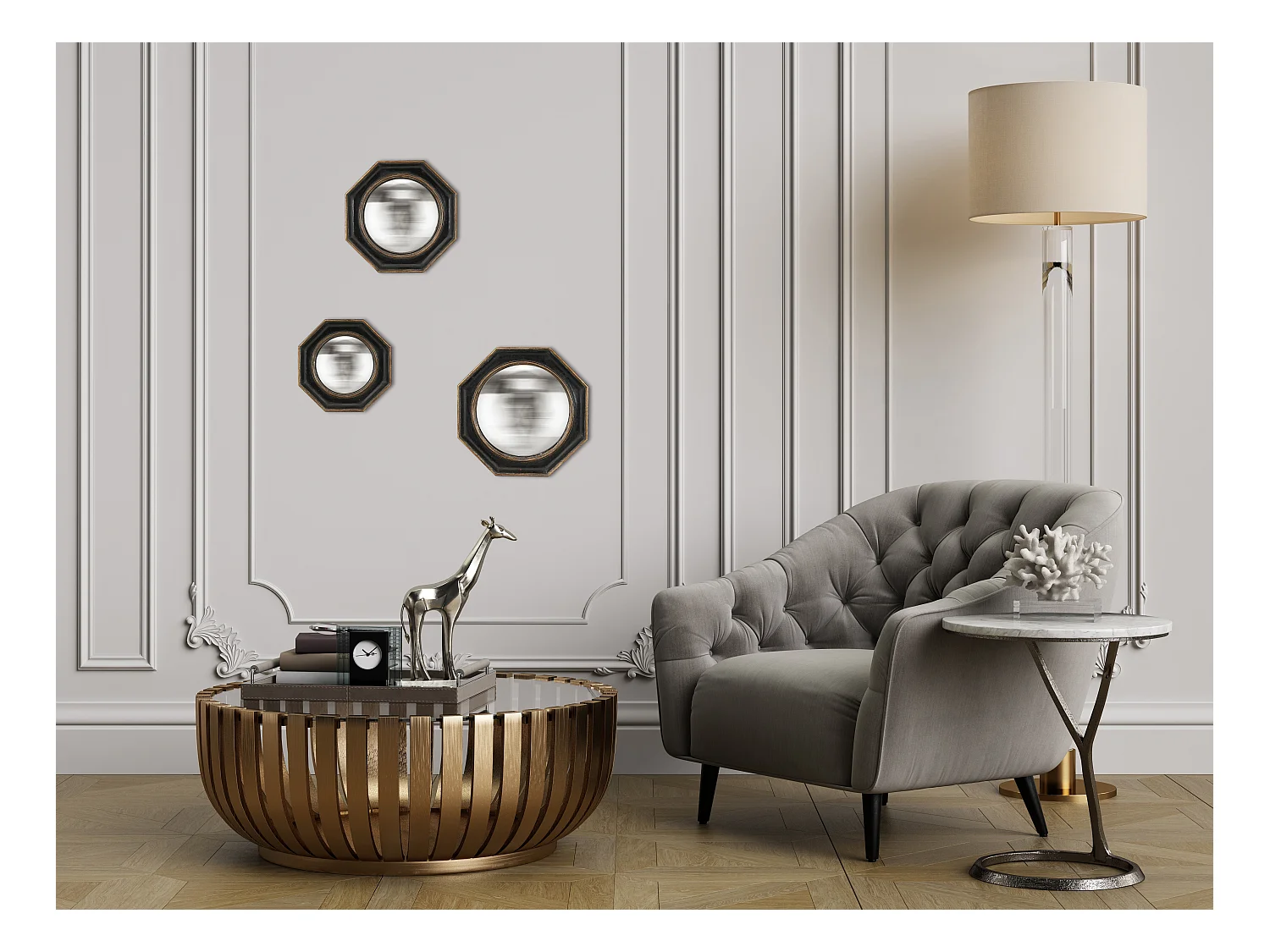 Lot de 3 miroirs convexes hexagonaux 17, 19 et 22cm