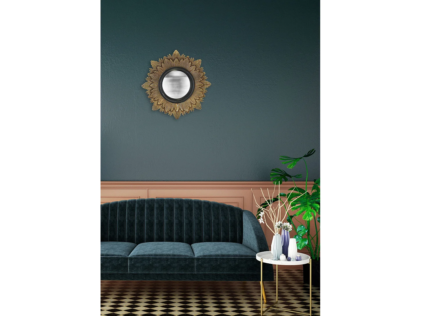 Miroir soleil convexe noir et doré 28cm