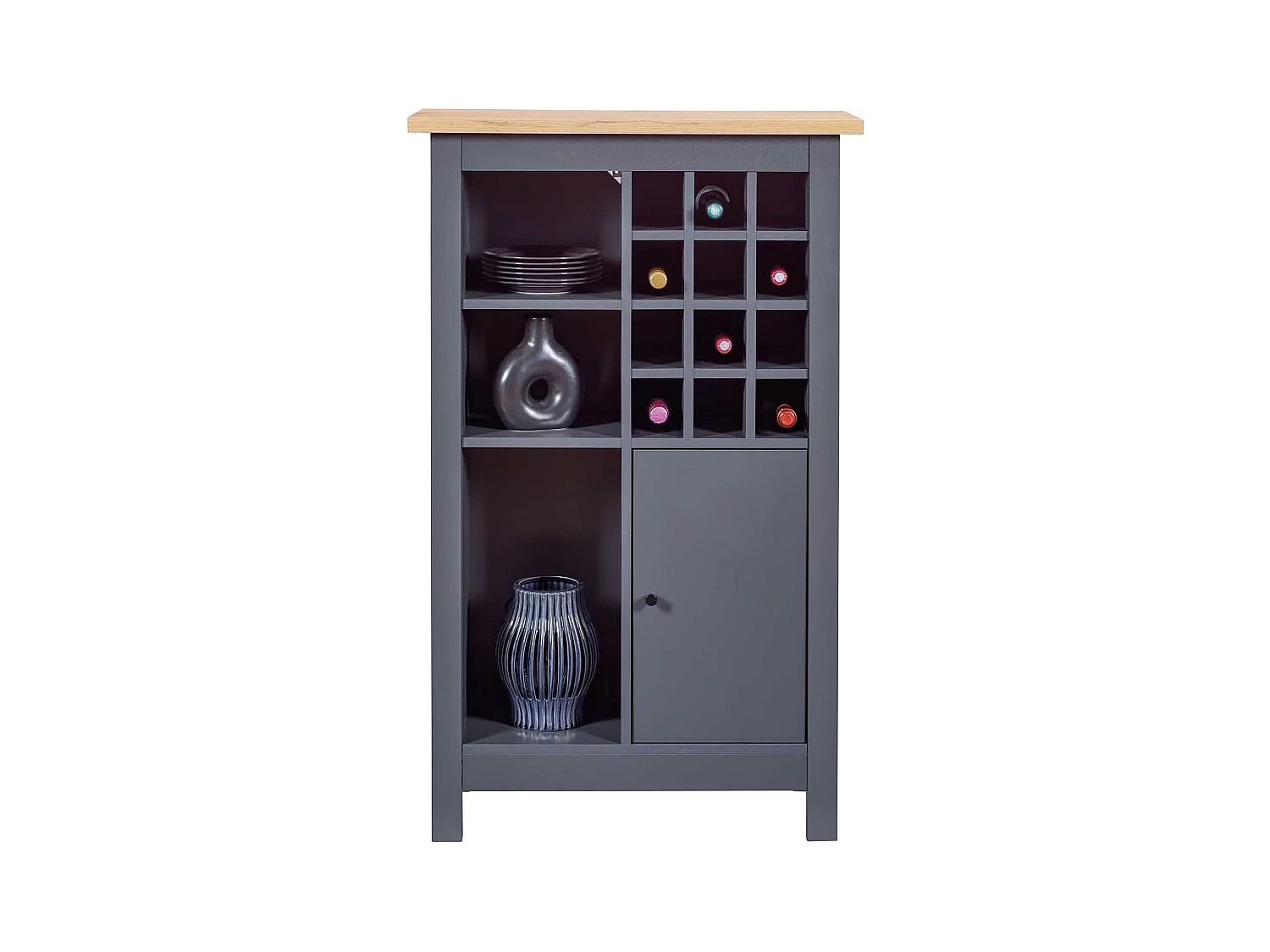 Armoire à bouteilles, meuble de rangement coloris anthracite / chêne Artisan - longueur 76 x profondeur 33 x hauteur 124 cm