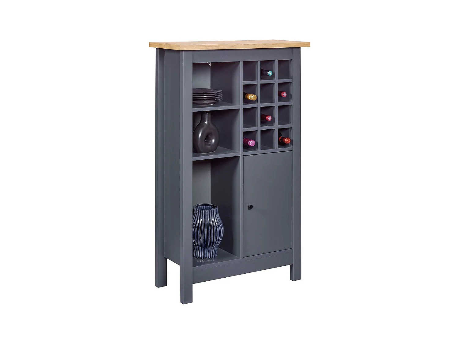 Armoire à bouteilles, meuble de rangement coloris anthracite / chêne Artisan - longueur 76 x profondeur 33 x hauteur 124 cm