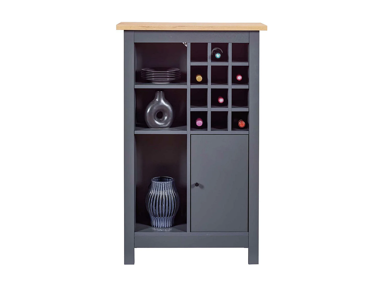 Armoire à bouteilles, meuble de rangement coloris anthracite / chêne Artisan - longueur 76 x profondeur 33 x hauteur 124 cm