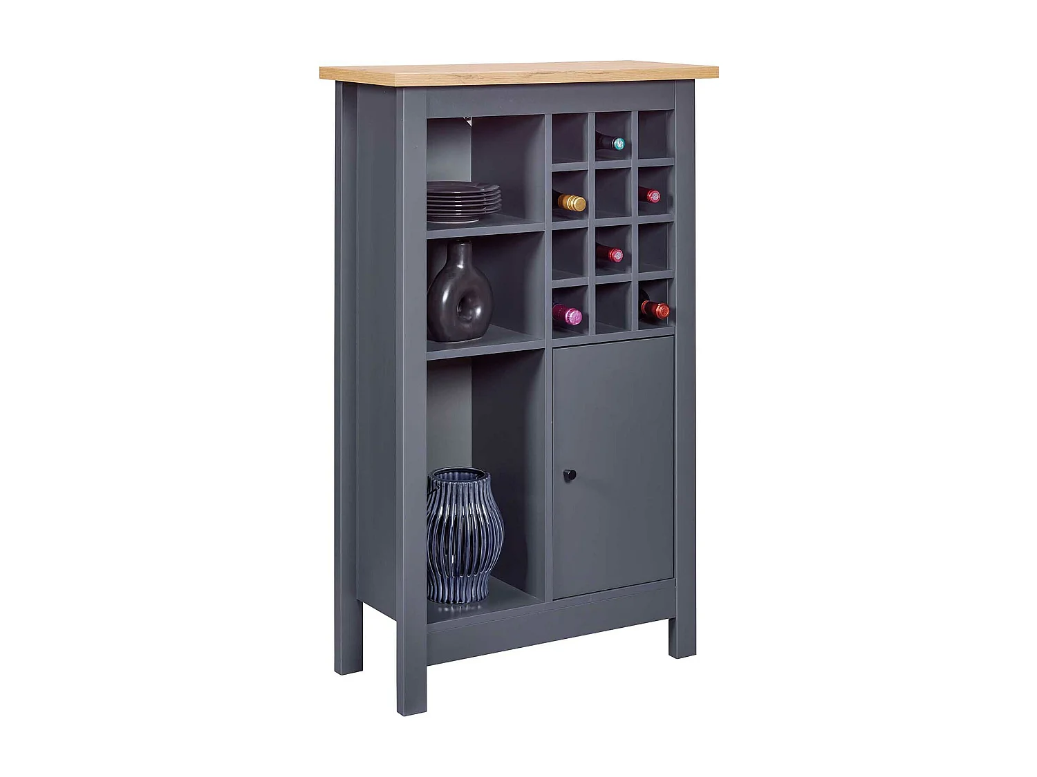 Armoire à bouteilles, meuble de rangement coloris anthracite / chêne Artisan - longueur 76 x profondeur 33 x hauteur 124 cm
