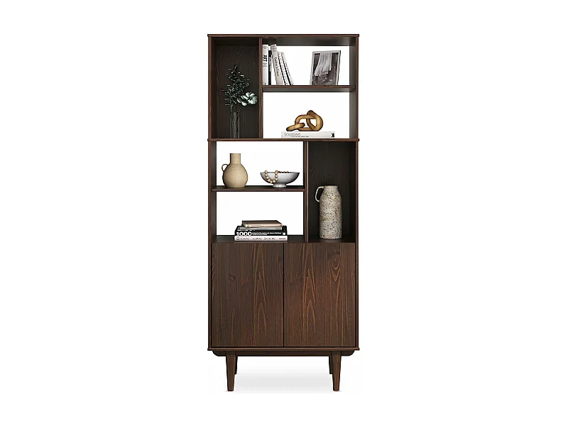 Buffet haut SIMONA 80x188 cm en bois massif coloris noyer avec 2 Portes 6 Étagères, Vaisselier en hauteur