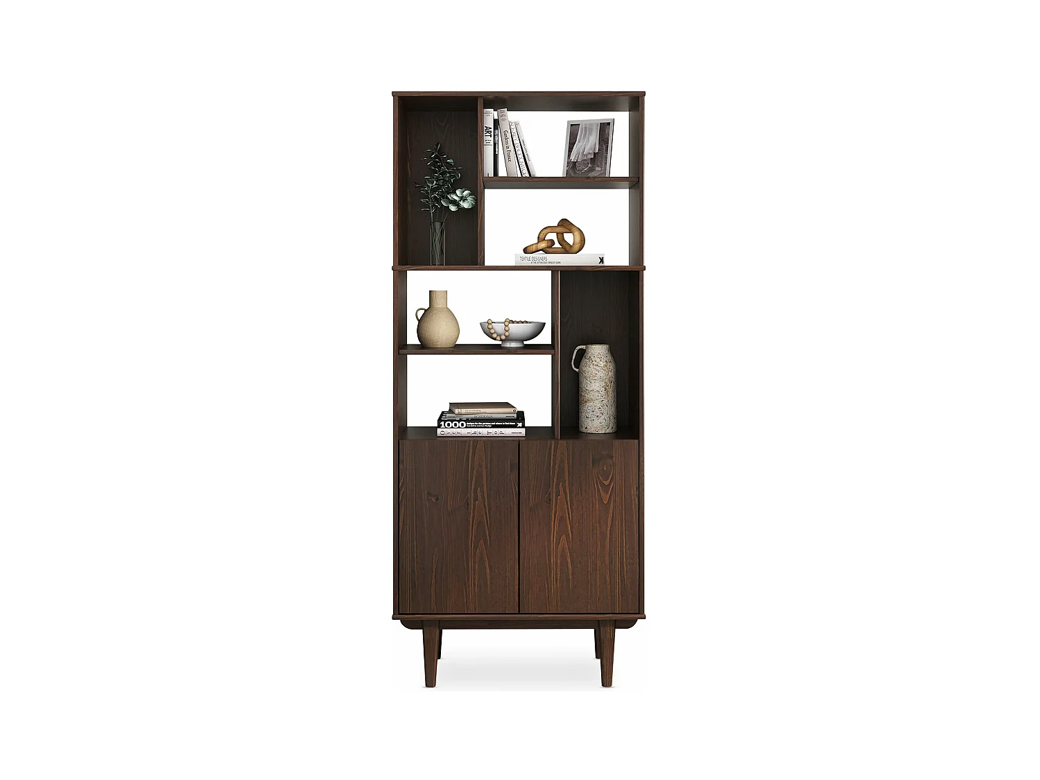 Buffet haut SIMONA 80x188 cm en bois massif coloris noyer avec 2 Portes 6 Étagères, Vaisselier en hauteur
