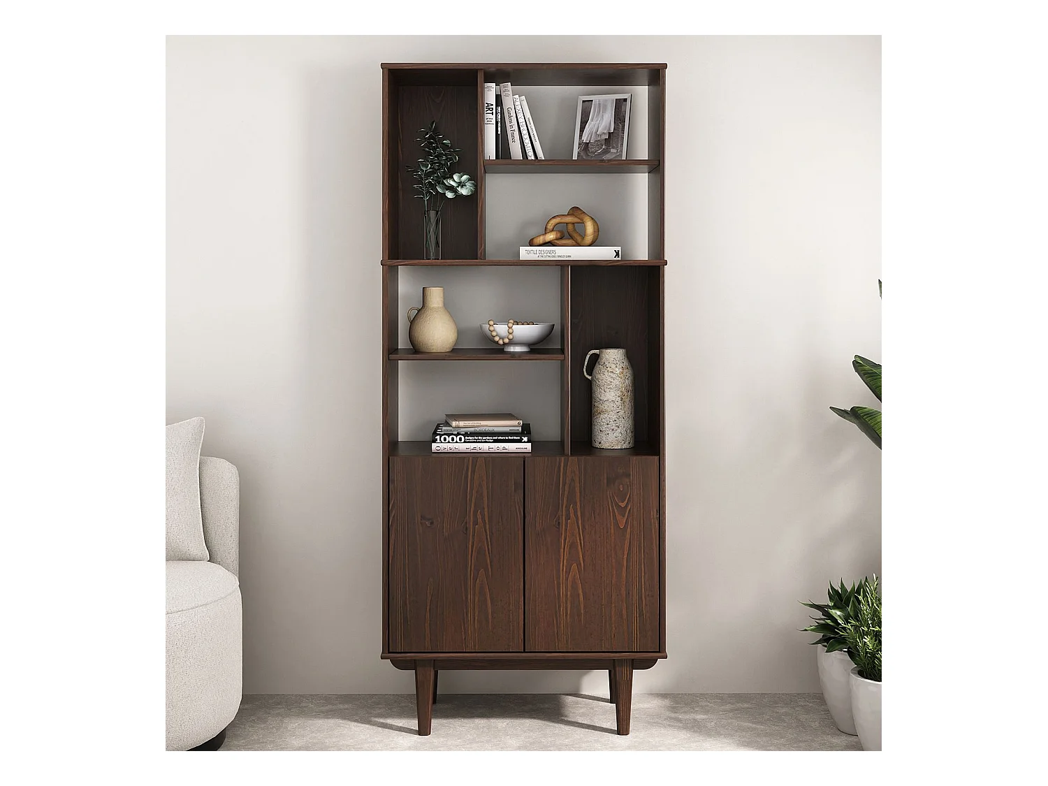 Buffet haut SIMONA 80x188 cm en bois massif coloris noyer avec 2 Portes 6 Étagères, Vaisselier en hauteur