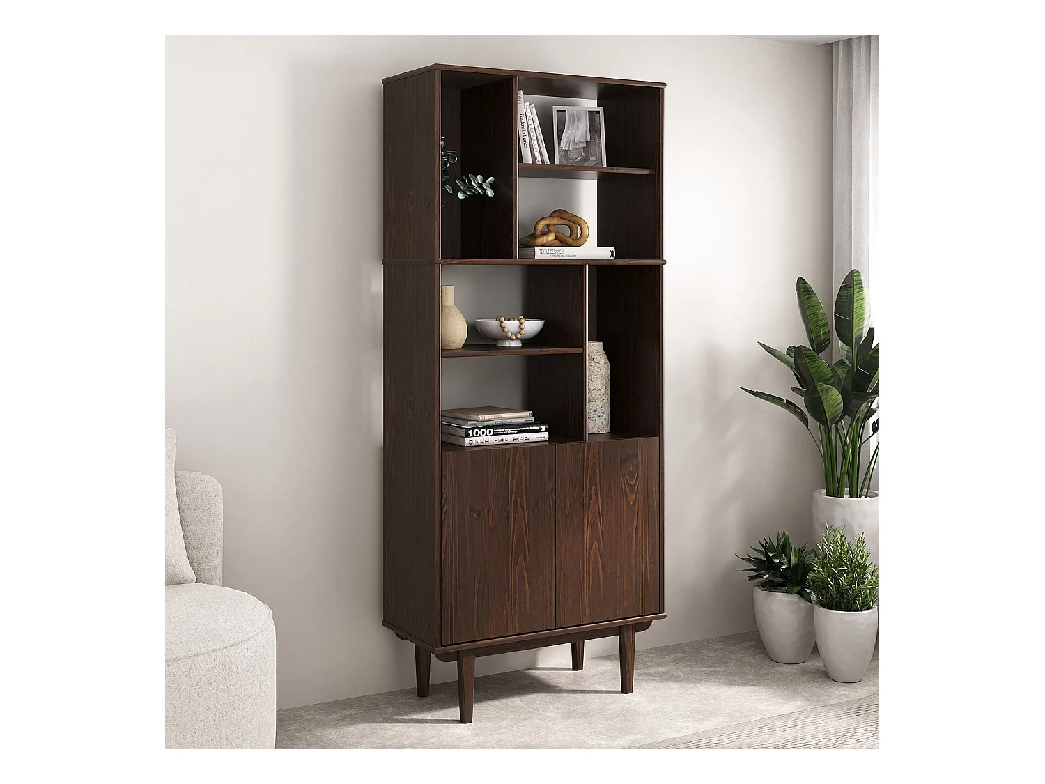 Buffet haut SIMONA 80x188 cm en bois massif coloris noyer avec 2 Portes 6 Étagères, Vaisselier en hauteur