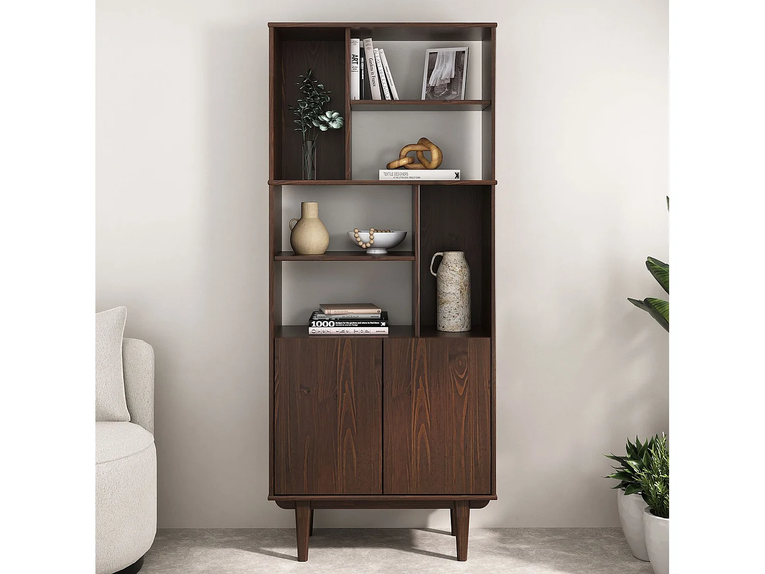 Buffet haut SIMONA 80x188 cm en bois massif coloris noyer avec 2 Portes 6 Étagères, Vaisselier en hauteur