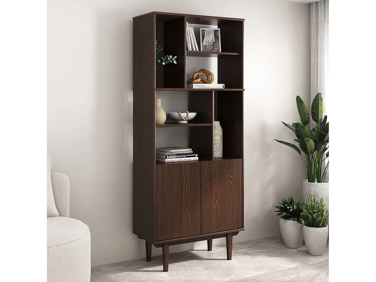 Buffet haut SIMONA 80x188 cm en bois massif coloris noyer avec 2 Portes 6 Étagères, Vaisselier en hauteur