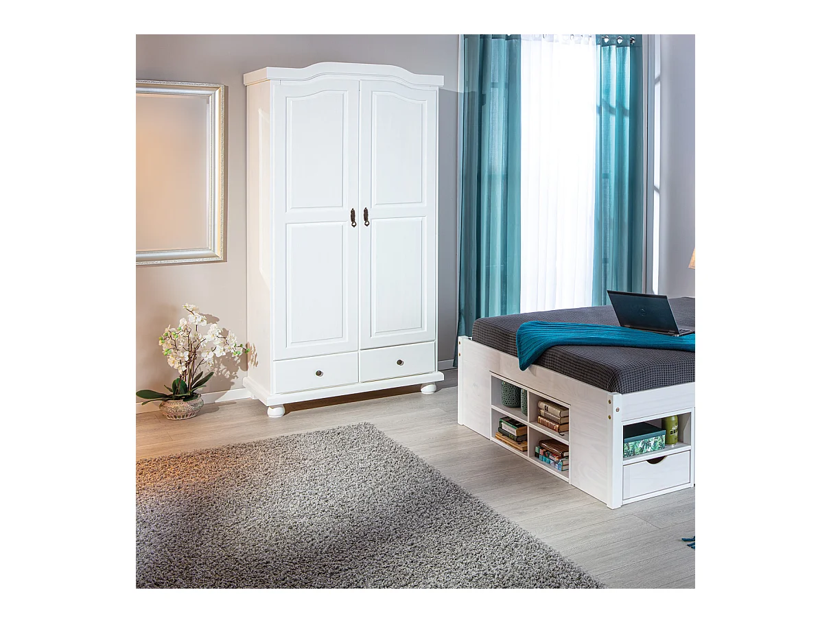 Armoire 2 portes et 2 tiroirs en pin massif blanc - Dim : 56 x 104 x 198 cm