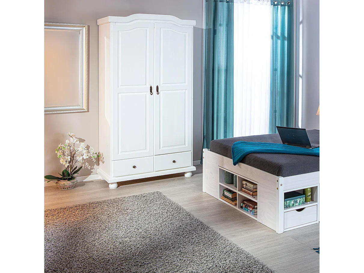 Armoire 2 portes et 2 tiroirs en pin massif blanc - Dim : 56 x 104 x 198 cm