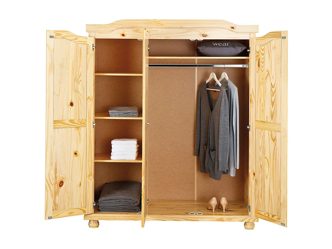 Armoire Rustique 3 Portes Vernis Naturel, Dim : 56 x 150 x 180 cm