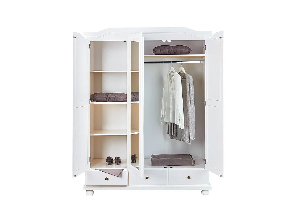 Armoire en pin massif blanc de 3 portes et 3 tiroirs - Dim : P56 x L150 x H198 cm