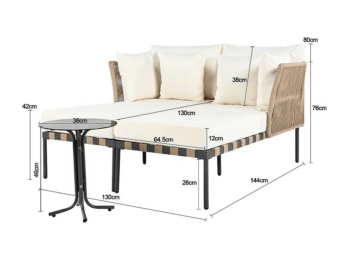 Sofá de jardim, espreguiçadeira de jardim amovível e modular com 4 almofadas e mesa de café, almofadas amovíveis e laváveis, bege