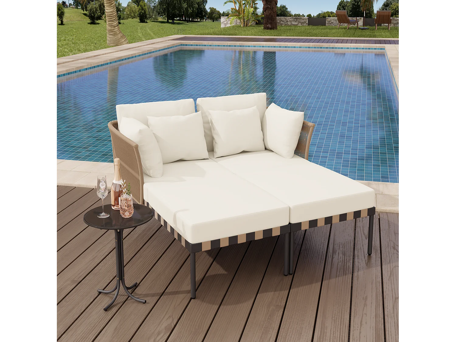 Sofá de jardim, espreguiçadeira de jardim amovível e modular com 4 almofadas e mesa de café, almofadas amovíveis e laváveis, bege