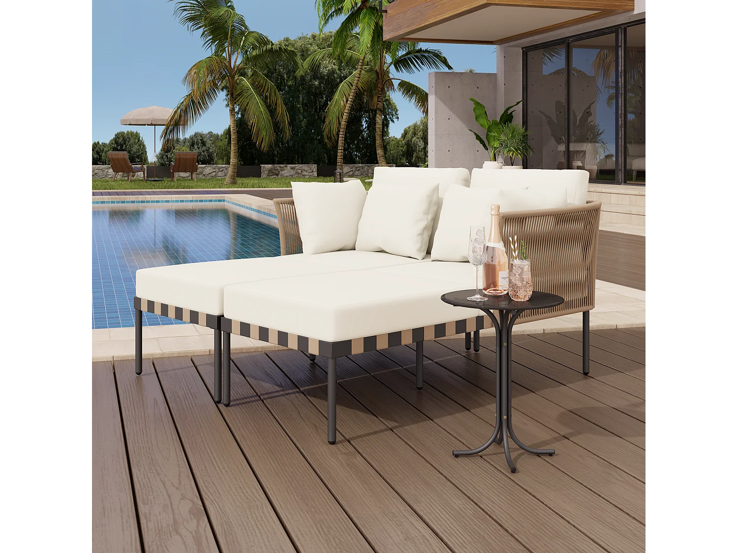 Sofá de jardim, espreguiçadeira de jardim amovível e modular com 4 almofadas e mesa de café, almofadas amovíveis e laváveis, bege