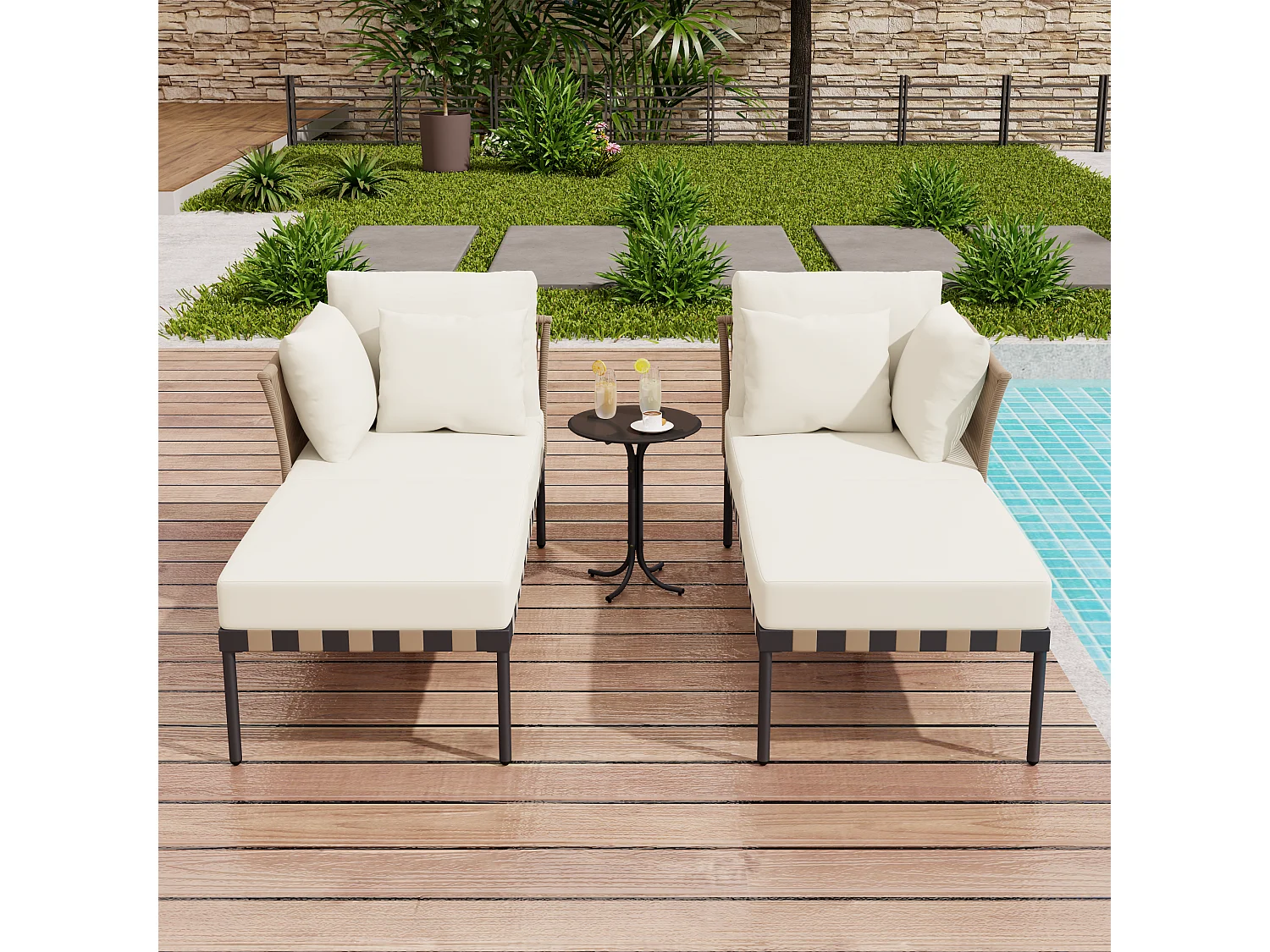 Sofá de jardim, espreguiçadeira de jardim amovível e modular com 4 almofadas e mesa de café, almofadas amovíveis e laváveis, bege