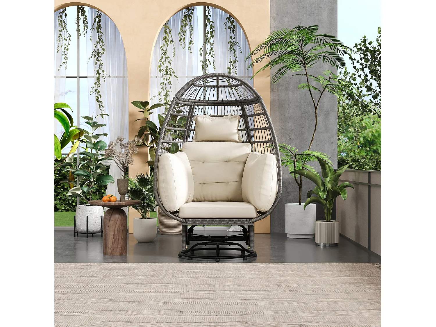 Poltrona de baloiço com assento e apoio de cabeça extra grossos, almofada branca com baloiço suspenso cinzento.