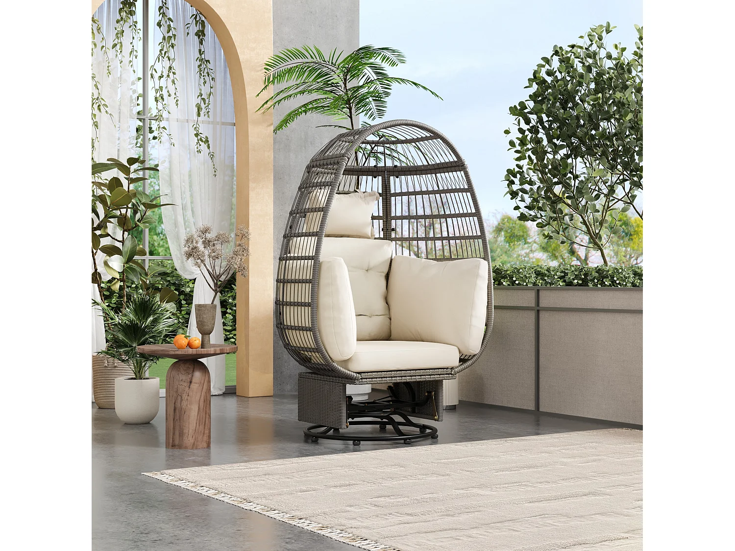 Poltrona de baloiço com assento e apoio de cabeça extra grossos, almofada branca com baloiço suspenso cinzento.