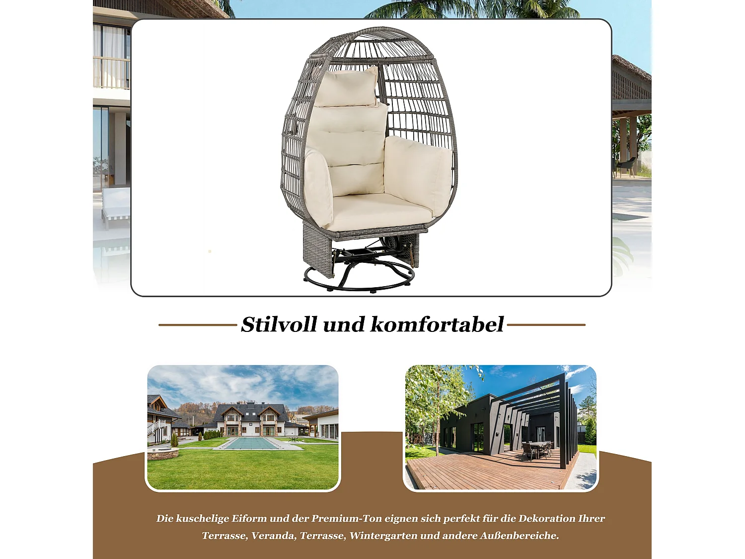 Poltrona de baloiço com assento e apoio de cabeça extra grossos, almofada branca com baloiço suspenso cinzento.