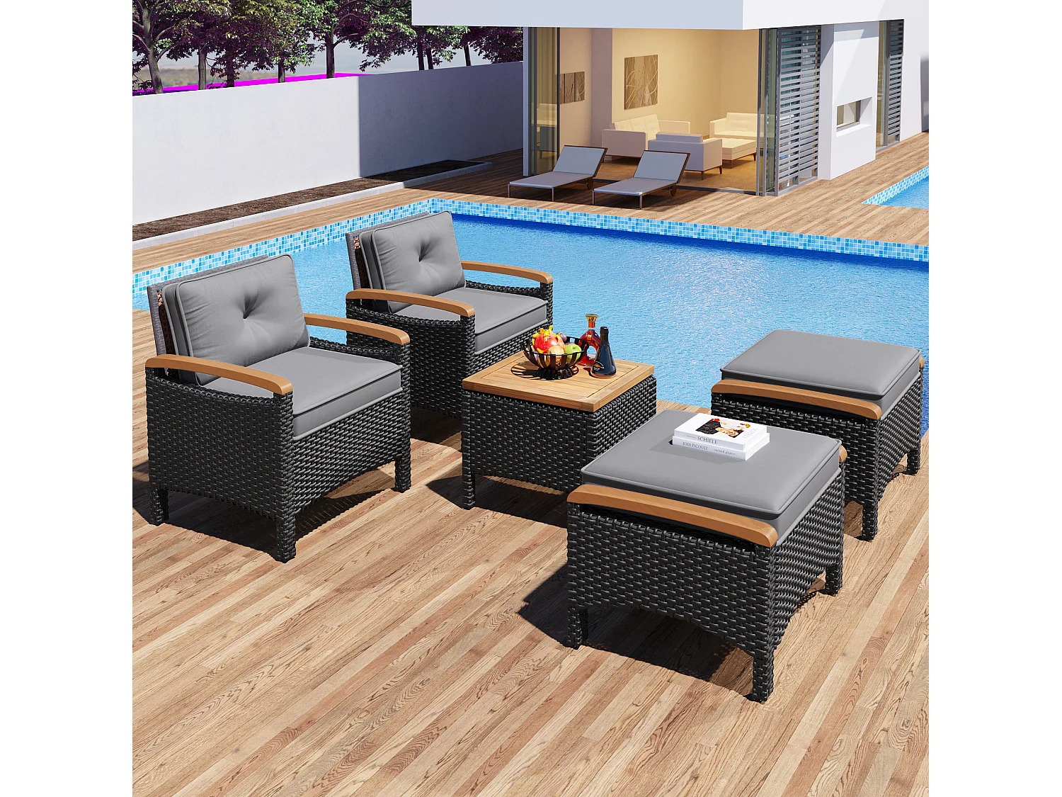 Ensemble de balcon en rotin (5 pièces), plateaux en bois d'acacia, coussins gris, capacité de charge de 160 kg