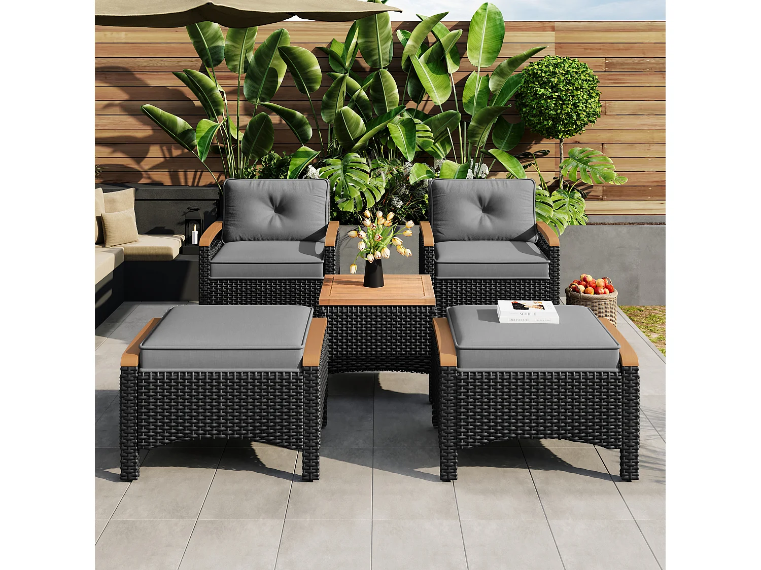 Ensemble de balcon en rotin (5 pièces), plateaux en bois d'acacia, coussins gris, capacité de charge de 160 kg