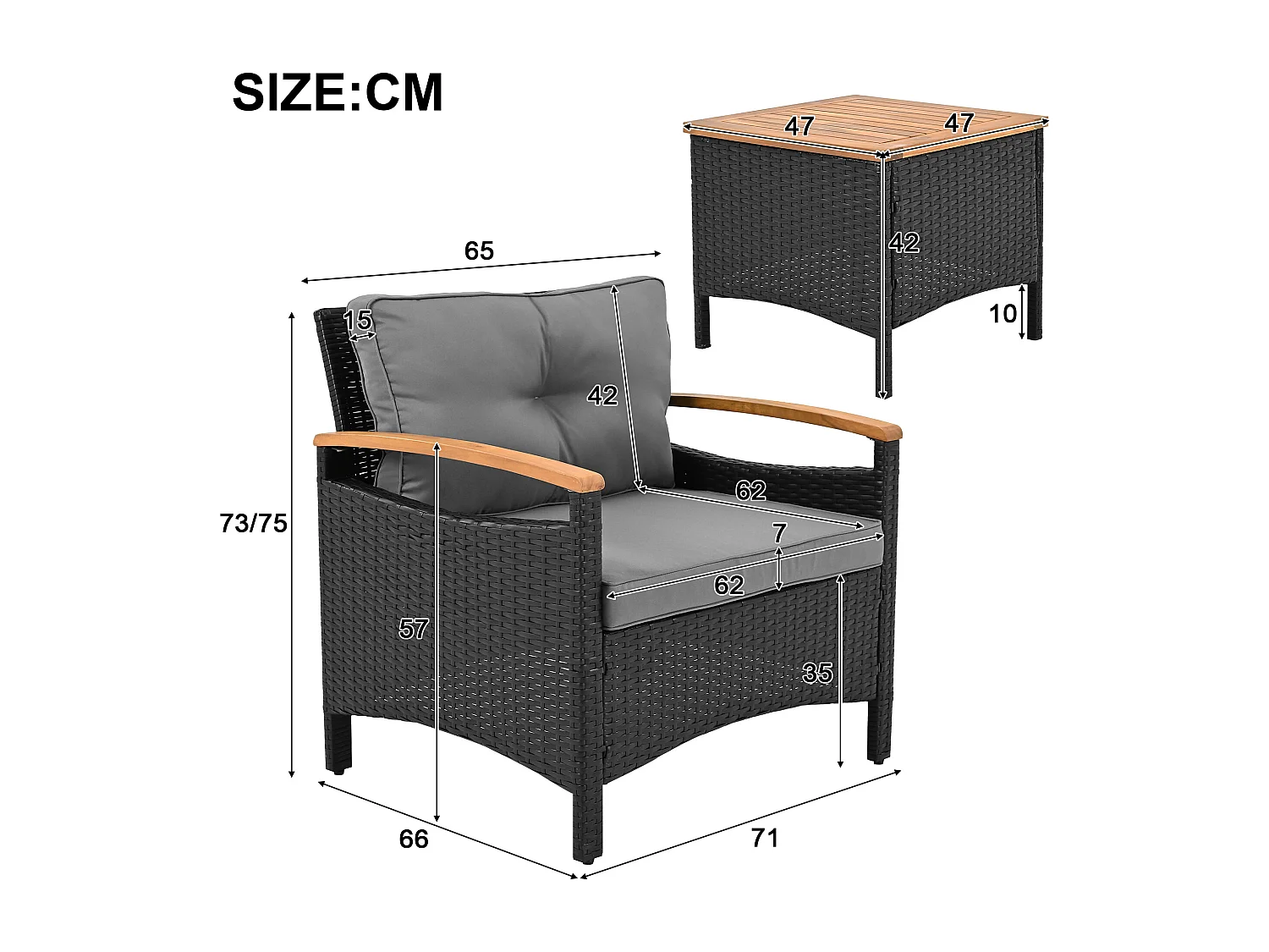 Ensemble de balcon en rotin (5 pièces), plateaux en bois d'acacia, coussins gris, capacité de charge de 160 kg