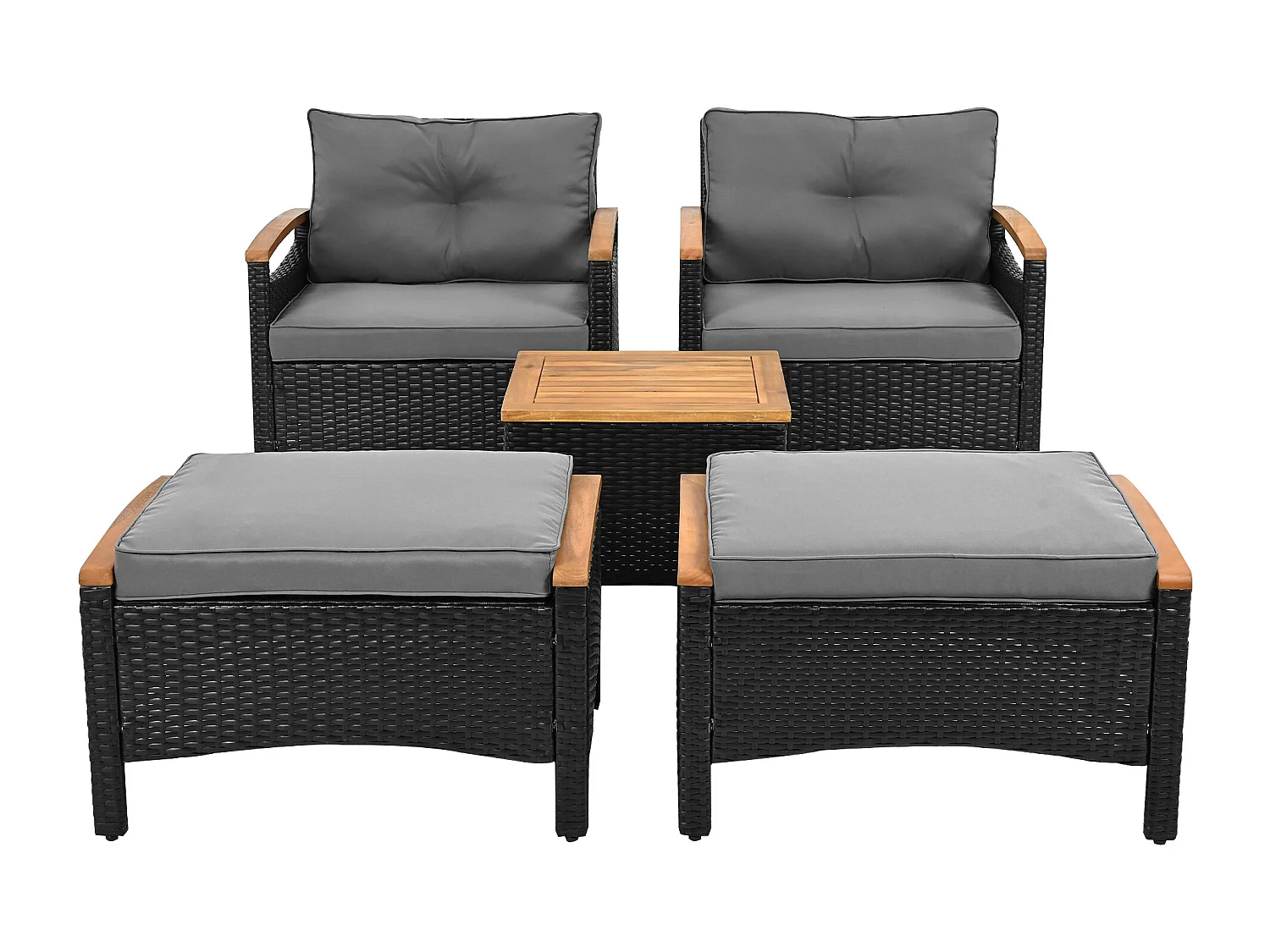 Ensemble de balcon en rotin (5 pièces), plateaux en bois d'acacia, coussins gris, capacité de charge de 160 kg