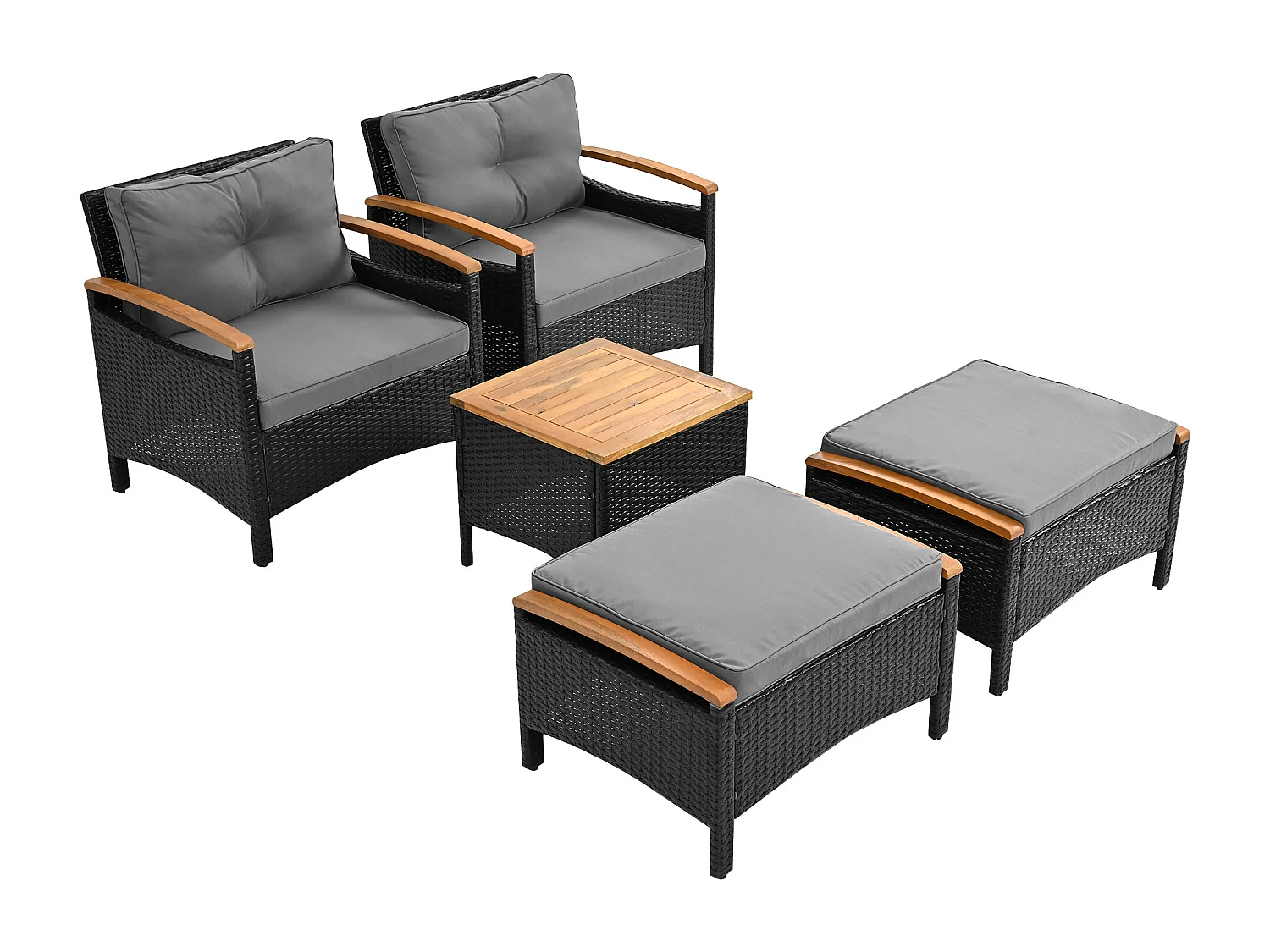 Ensemble de balcon en rotin (5 pièces), plateaux en bois d'acacia, coussins gris, capacité de charge de 160 kg