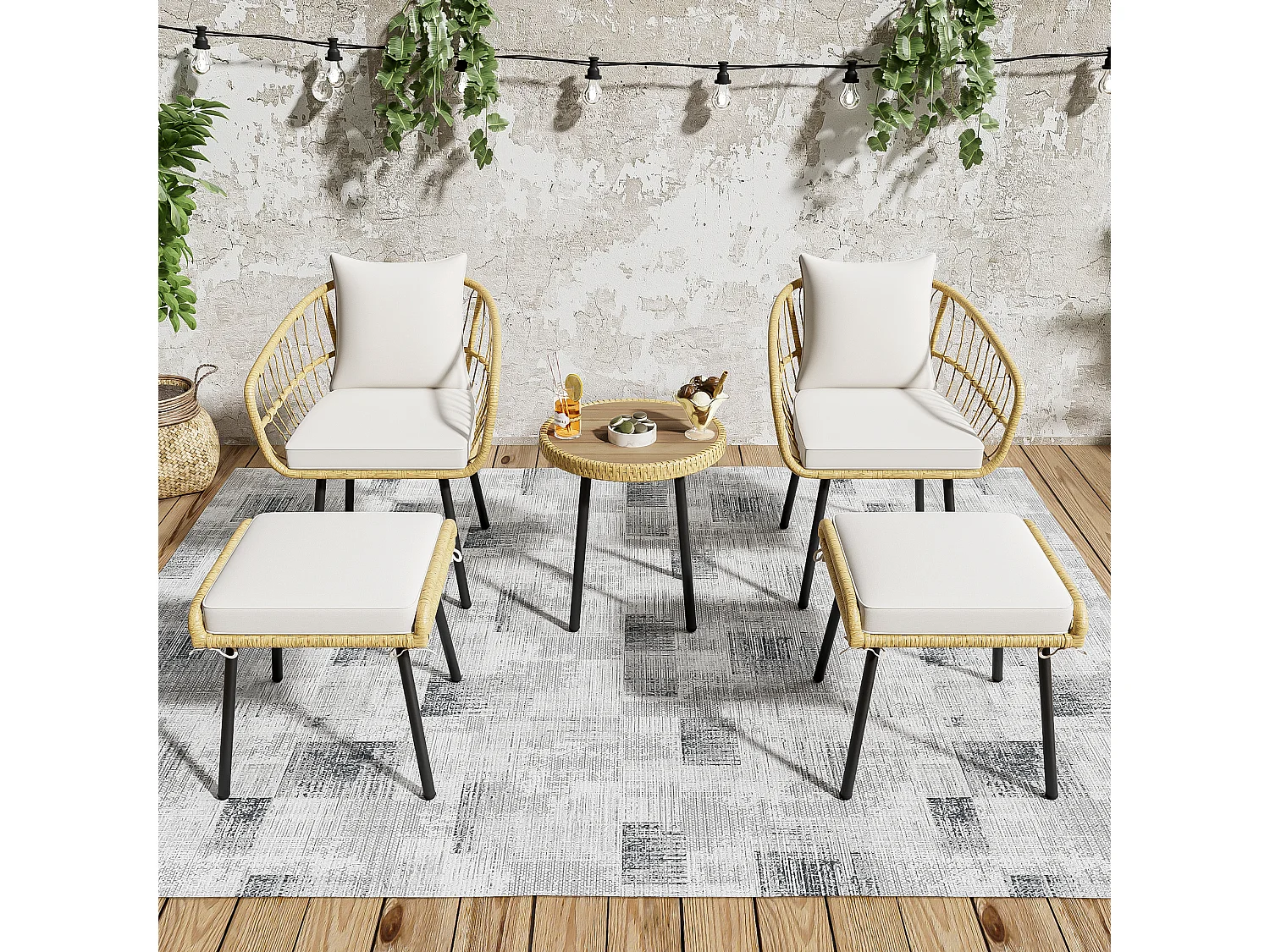 Ensemble Garden Relax 5 pièces, composé de 1 table de salle à manger, 2 chaises, 2 tabourets, meubles, rotin, naturel