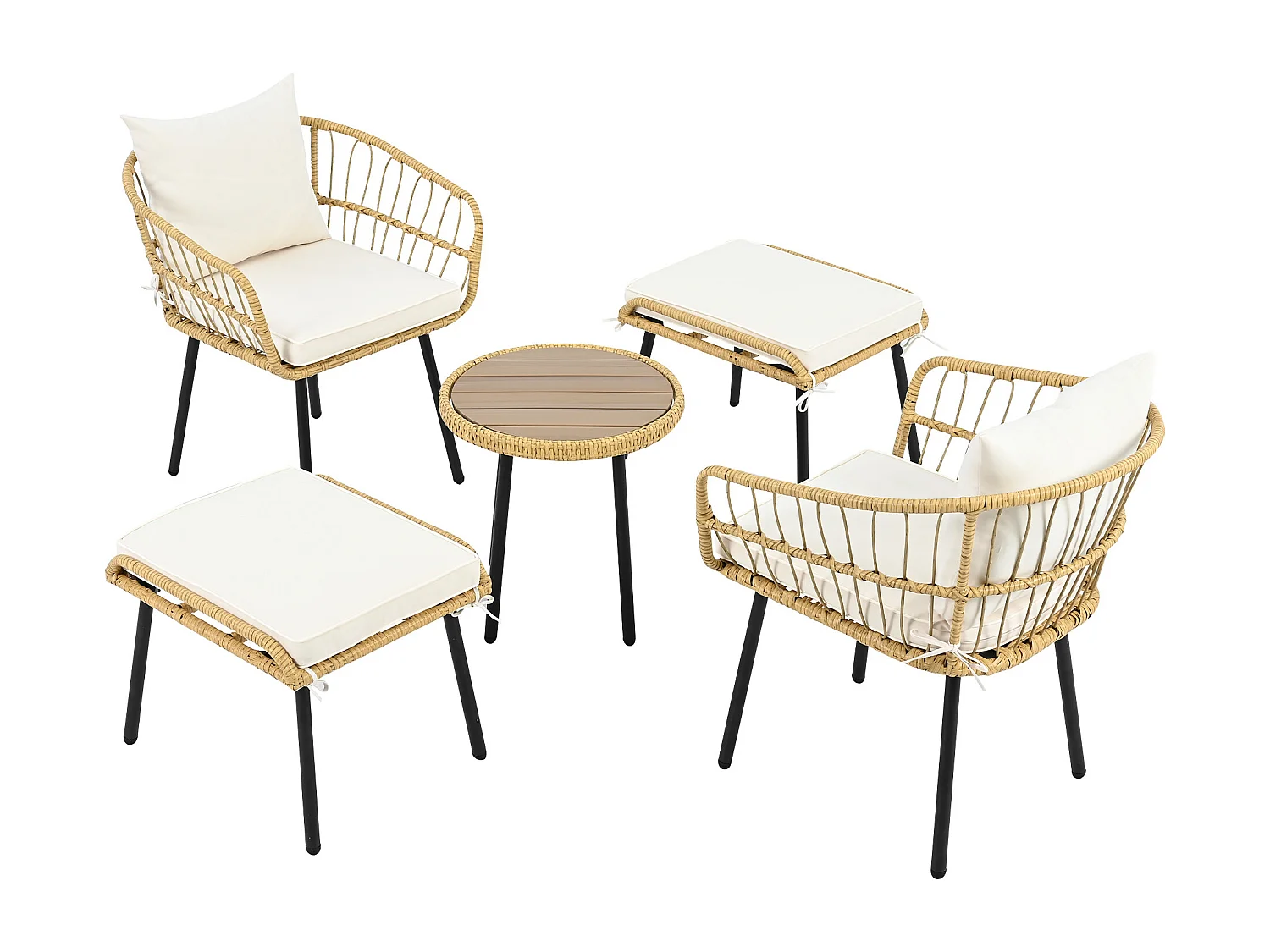 Ensemble Garden Relax 5 pièces, composé de 1 table de salle à manger, 2 chaises, 2 tabourets, meubles, rotin, naturel