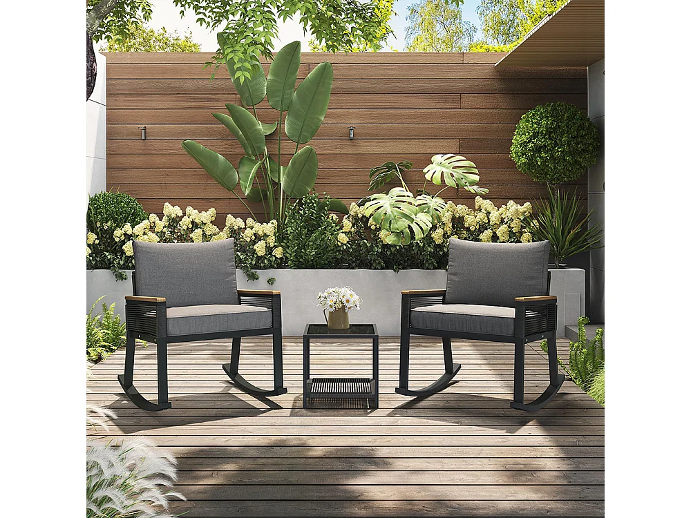 Conjunto de três, conjunto bistrô, conjunto de cadeiras de baloiço com corda, com mesa de centro em vidro, com almofadas para assento e costas, preto