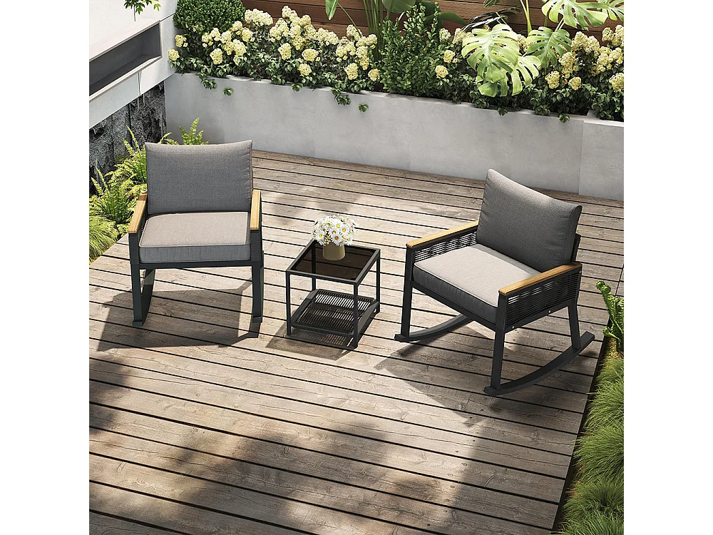 Conjunto de três, conjunto bistrô, conjunto de cadeiras de baloiço com corda, com mesa de centro em vidro, com almofadas para assento e costas, preto