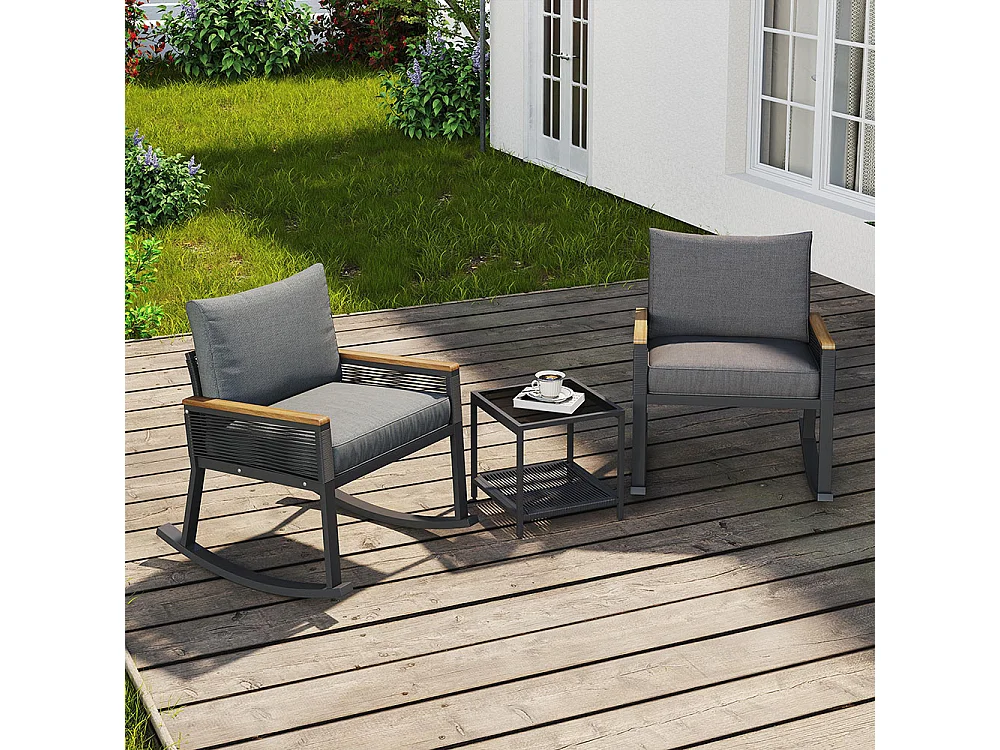 Conjunto de três, conjunto bistrô, conjunto de cadeiras de baloiço com corda, com mesa de centro em vidro, com almofadas para assento e costas, preto